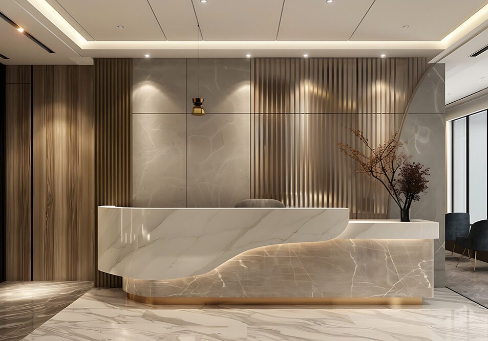 Interior of luxury hotel reception hall with front desk and concrete walls